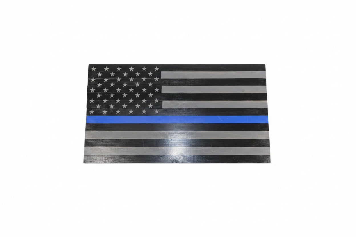 Thin Blue Line Wooden American Flag — 36 × 19