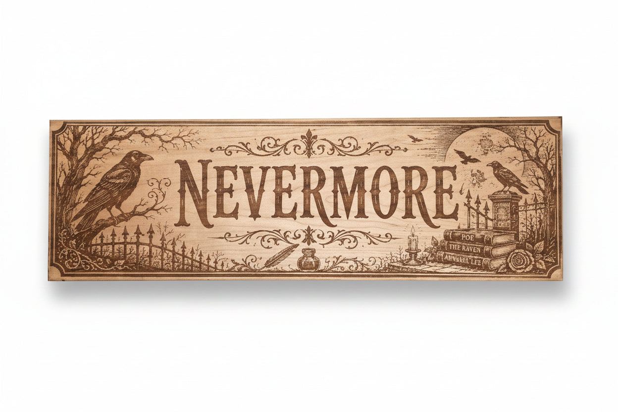 Nevermore Raven Engraved Cherry Wood Sign — 24 × 7.5