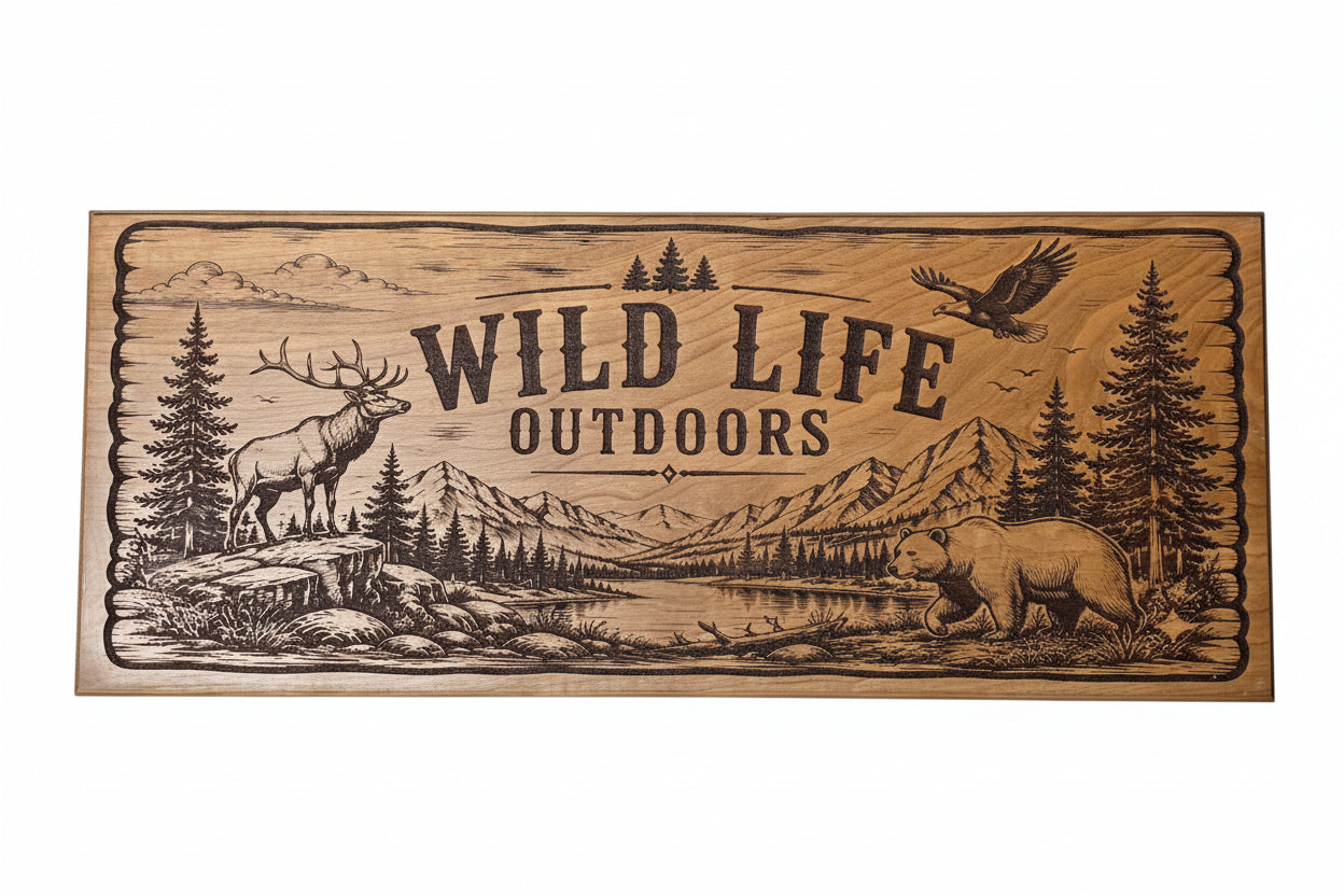 Wildlife Outdoors Engraved Cherry Wood Sign — 24 × 9
