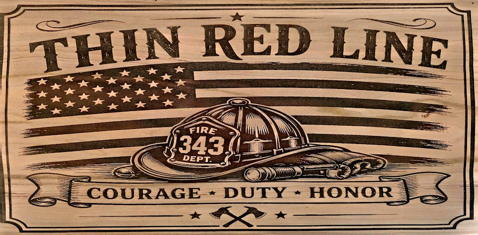 Thin Red Line Firefighter Engraved Cherry Wood Sign – 18 × 9