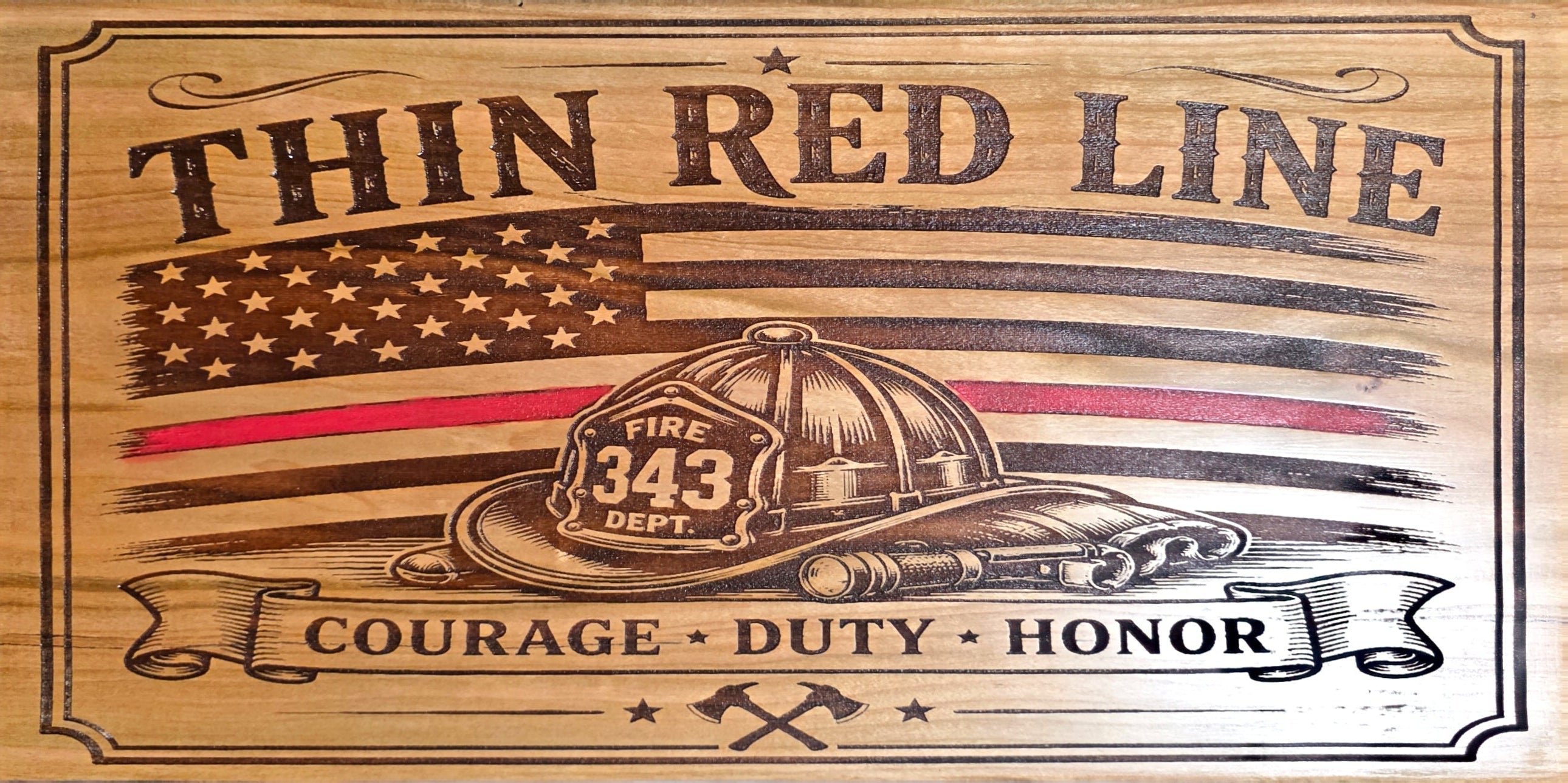 Thin Red Line Firefighter Engraved Cherry Wood Sign – 18 × 9