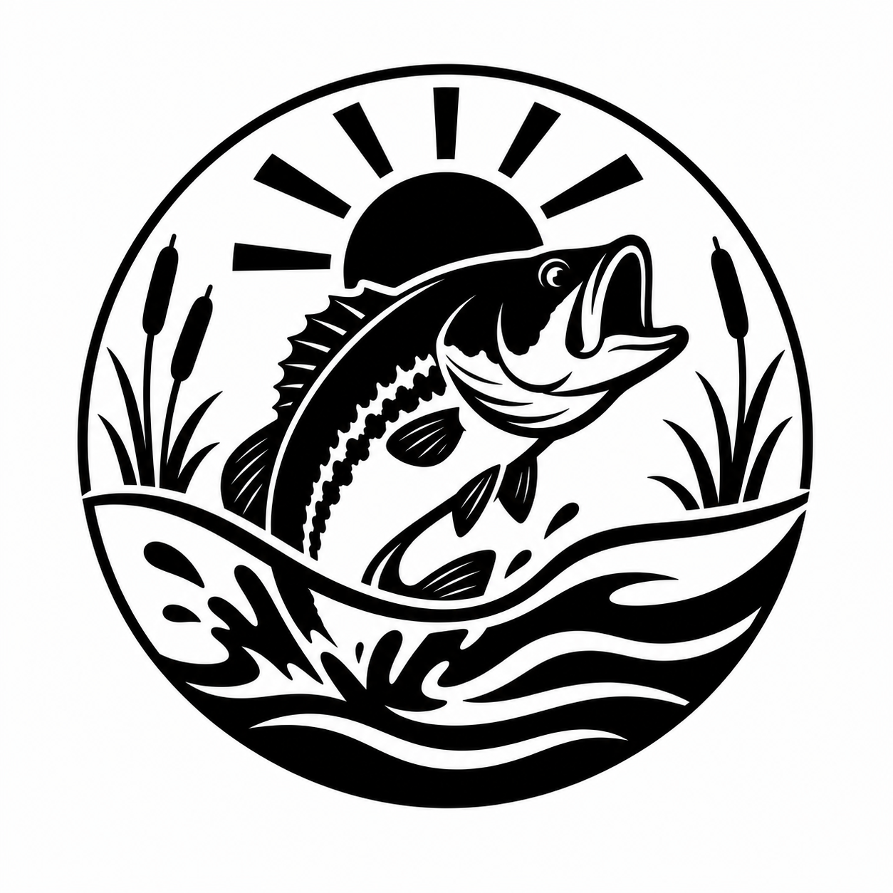 A black and white circular graphic design featuring a jumping fish, reeds, and a rising sun, presented on a solid white background.