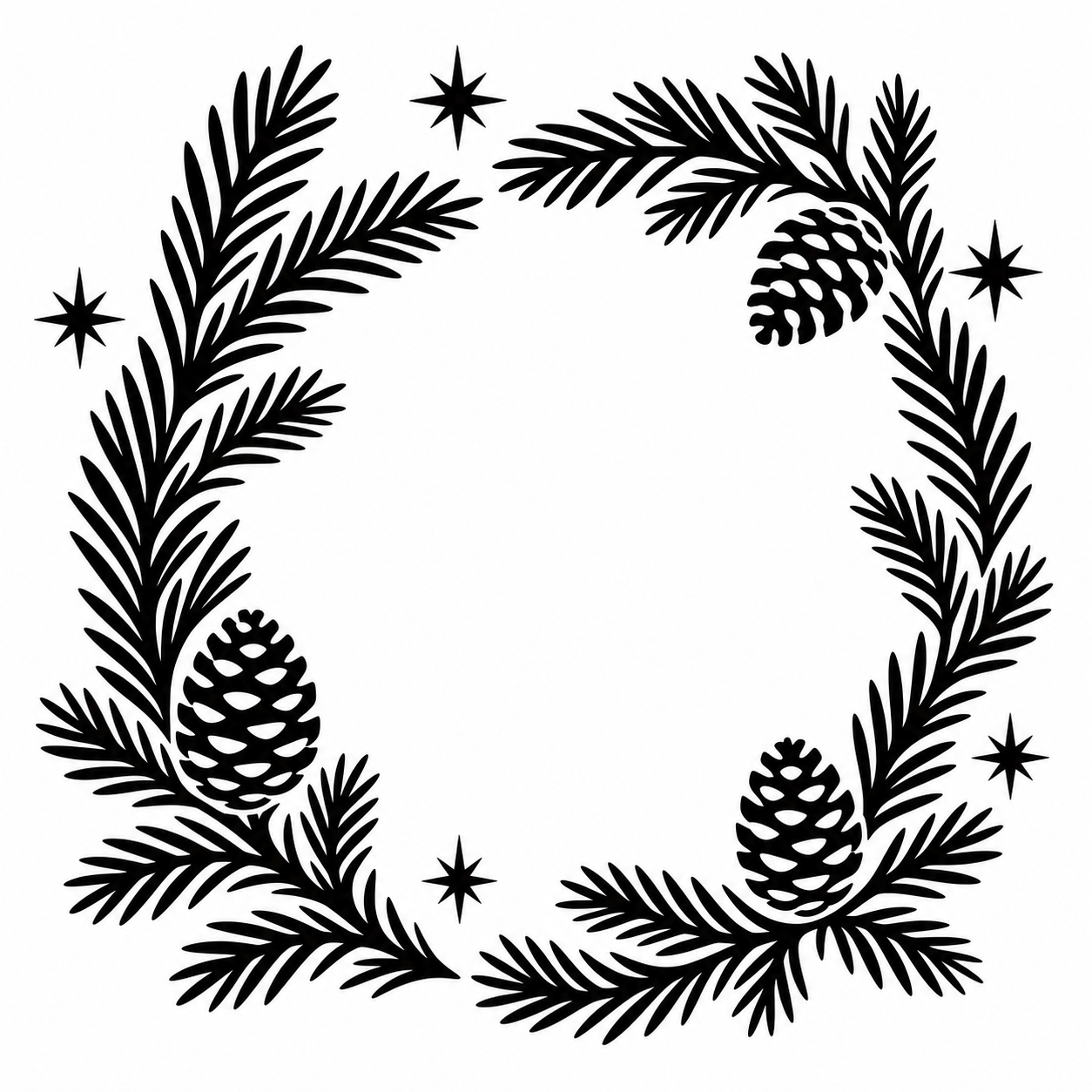 Black Christmas wreath design made of pine branches, with two pinecones and four starburst accents on a white background.