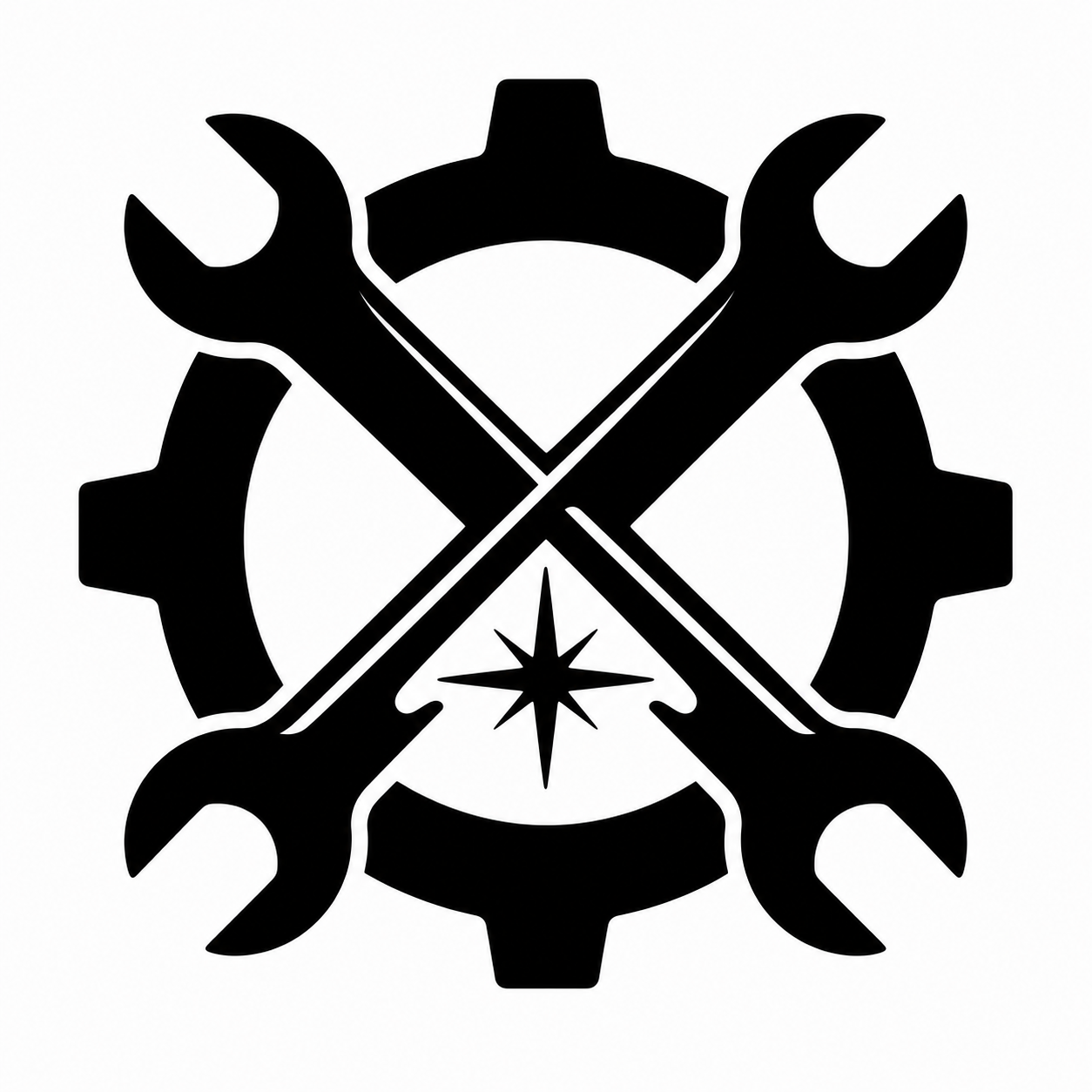 A black technical emblem featuring four crossed wrenches layered over a circular gear, with a small starburst at the center, shown on a plain white background.