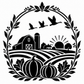 Black and white autumn farm scene graphic featuring pumpkins, a barn, silo, flying ducks, trees, and a sun framed by a leafy wreath.