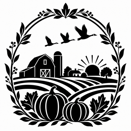 Black and white autumn farm scene graphic featuring pumpkins, a barn, silo, flying ducks, trees, and a sun framed by a leafy wreath.