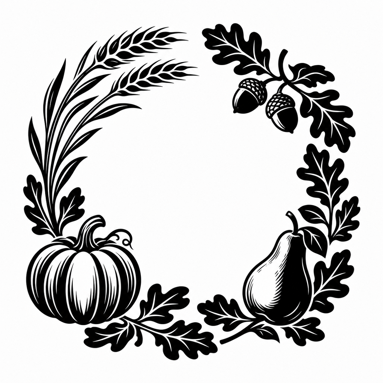 Black and white autumn harvest wreath graphic featuring a pumpkin, pear, acorns, and oak leaves on a plain white background.