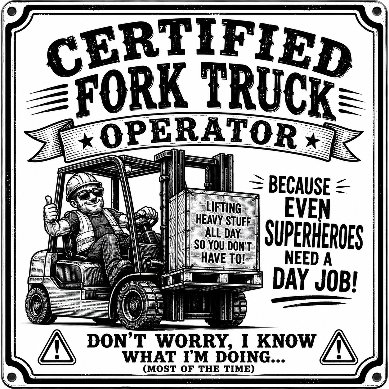 A square black-and-white illustrated sign or poster with the text 'CERTIFIED FORK TRUCK OPERATOR' and a cartoon forklift driver giving a thumbs up. Additional text reads 'BECAUSE EVEN SUPERHEROES NEED A DAY JOB!' and 'DON'T WORRY, I KNOW WHAT I'M DOING.
