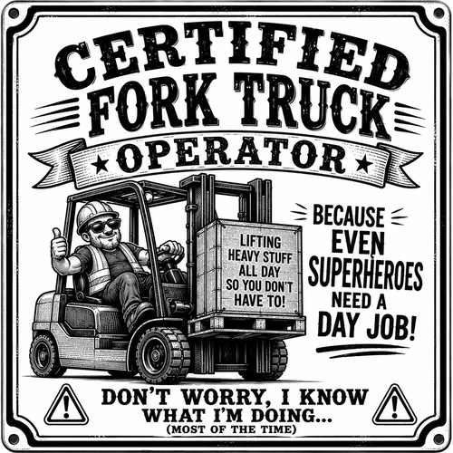 A square black-and-white illustrated sign or poster with the text 'CERTIFIED FORK TRUCK OPERATOR' and a cartoon forklift driver giving a thumbs up. Additional text reads 'BECAUSE EVEN SUPERHEROES NEED A DAY JOB!' and 'DON'T WORRY, I KNOW WHAT I'M DOING.