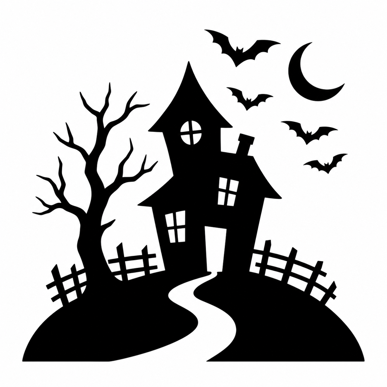 Black silhouette of a haunted house scene on a white background, featuring a spooky house, bare tree, fence, winding path, bats, and crescent moon.