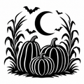 Black and white Halloween graphic featuring three striped pumpkins, cornstalks, three bats, and a crescent moon on a white background.