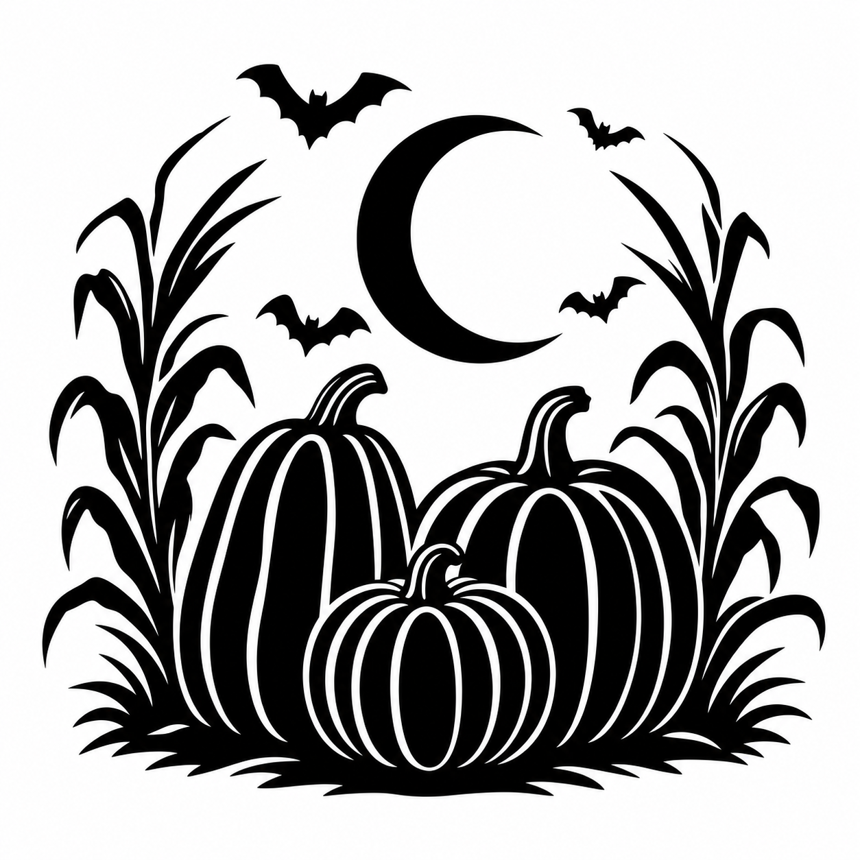 Black and white Halloween graphic featuring three striped pumpkins, cornstalks, three bats, and a crescent moon on a white background.