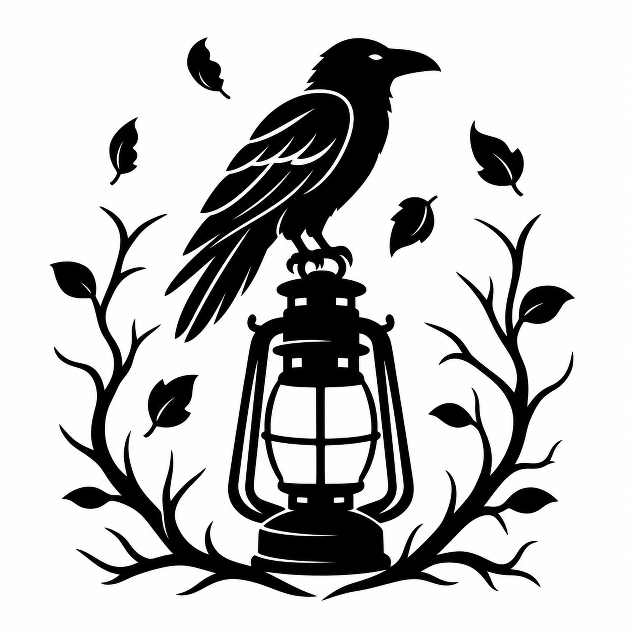 Black silhouette graphic of a raven perched atop a lantern, surrounded by bare branches and scattered leaves on a white background.