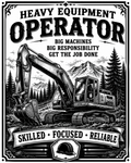 Black and white vintage-style poster reading 'HEAVY EQUIPMENT OPERATOR' with an excavator in a mountain forest scene, plus the phrases 'BIG MACHINES BIG RESPONSIBILITY GET THE JOB DONE' and 'SKILLED FOCUSED RELIABLE'.