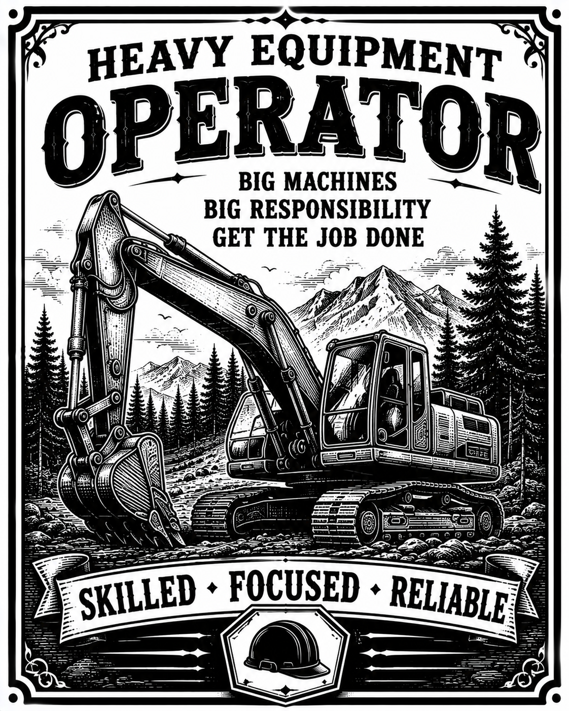 Black and white vintage-style poster reading 'HEAVY EQUIPMENT OPERATOR' with an excavator in a mountain forest scene, plus the phrases 'BIG MACHINES BIG RESPONSIBILITY GET THE JOB DONE' and 'SKILLED FOCUSED RELIABLE'.