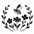 Black floral and bee silhouette design on a white background, featuring a bee above three flowers framed by leafy branches.