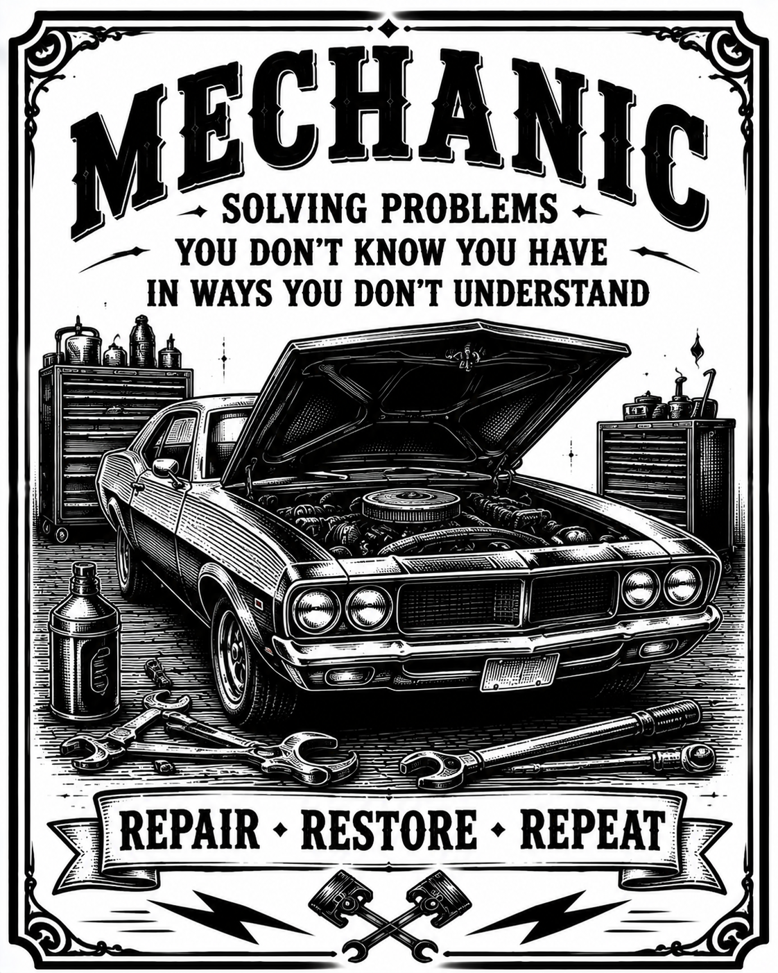 Vintage-style black and white automotive poster with the word 'MECHANIC' at the top, an open classic car in a garage scene, wrenches and tools in the foreground, and the phrases 'SOLVING PROBLEMS YOU DON'T KNOW YOU HAVE IN WAYS YOU DON'T UNDERSTAND' and 'REPAIR • RESTORE • REPEAT'.