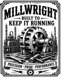 Black and white industrial vintage-style poster featuring a large gear and machinery, with the text 'MILLWRIGHT BUILT TO KEEP IT RUNNING' and 'PRECISION • PRIDE • PERFORMANCE'.