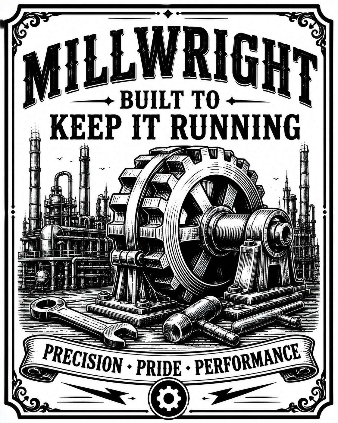 Black and white industrial vintage-style poster featuring a large gear and machinery, with the text 'MILLWRIGHT BUILT TO KEEP IT RUNNING' and 'PRECISION • PRIDE • PERFORMANCE'.
