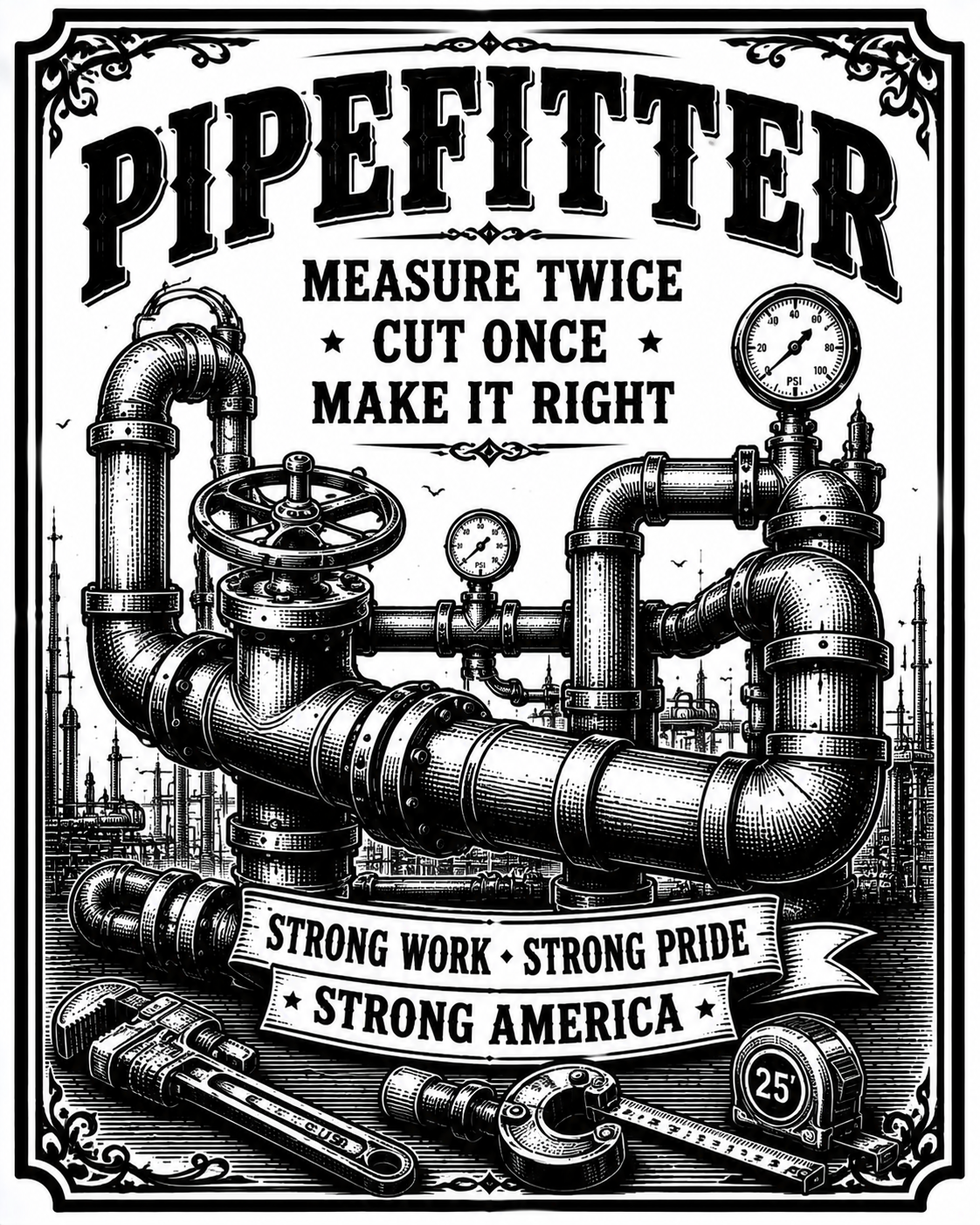 Black and white vintage-style poster artwork featuring a large industrial pipe system with gauges, valves, wrenches, and tape measure. Bold text at the top reads “PIPEFITTER,” with additional slogan text and decorative borders.