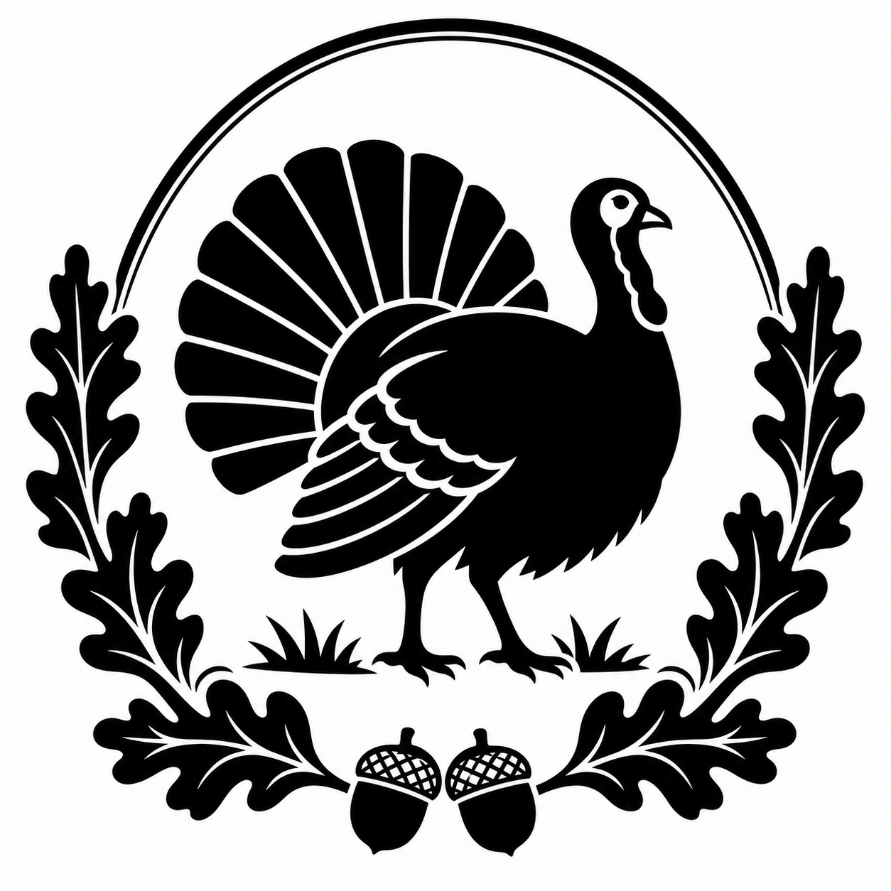 Black silhouette of a turkey centered within an oval frame, surrounded by oak leaves and two acorns on a white background.
