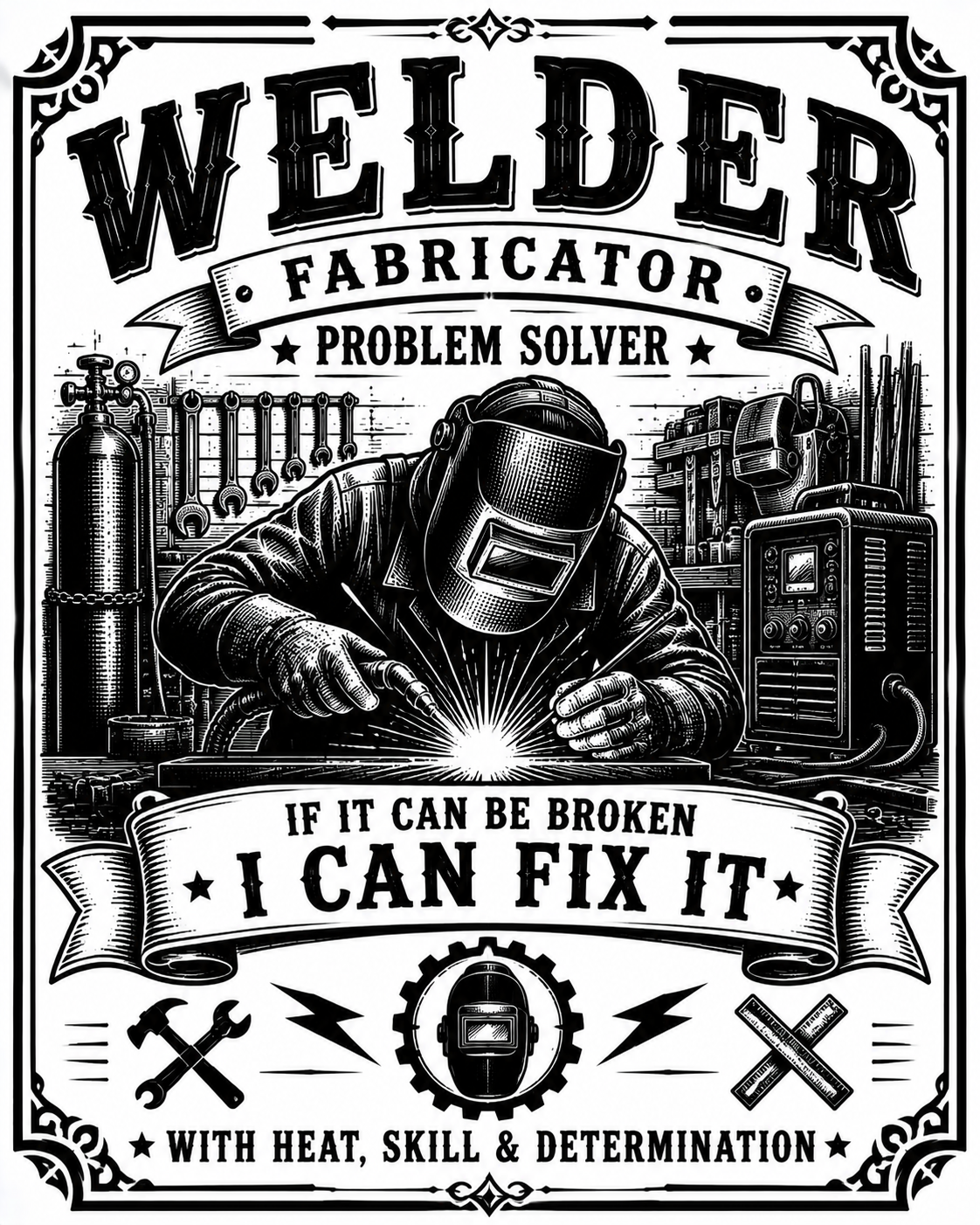 A black and white vintage-style poster or print featuring a welder in protective gear, with large text reading 'Welder Fabricator Problem Solver' and additional industrial illustrations including tools, equipment, and a welding arc.