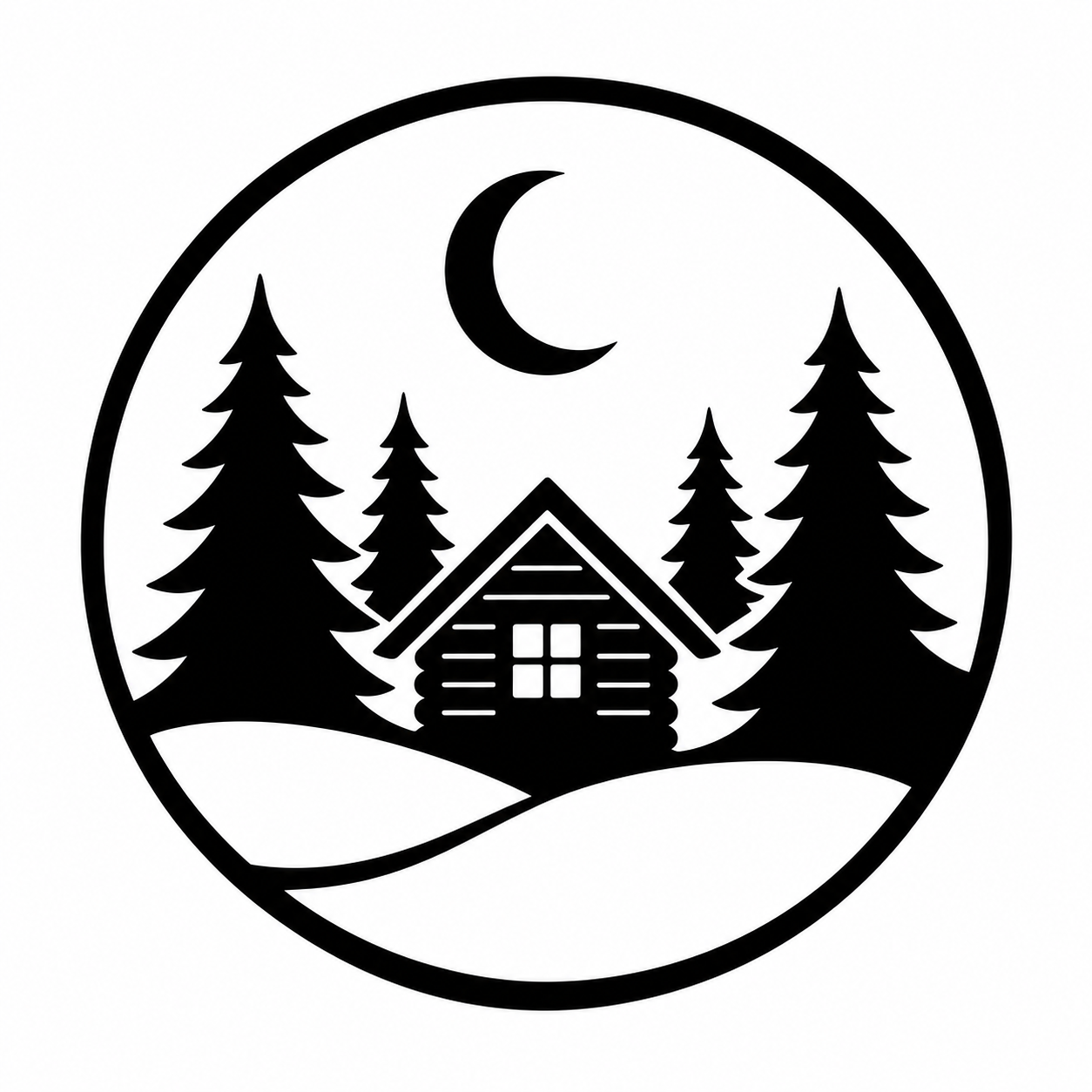 Black circular vector graphic of a winter cabin scene with pine trees, a crescent moon, and rolling hills on a white background.