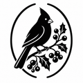 Black silhouette of a cardinal perched on a branch with holly leaves and berries, framed by an oval border on a white background.