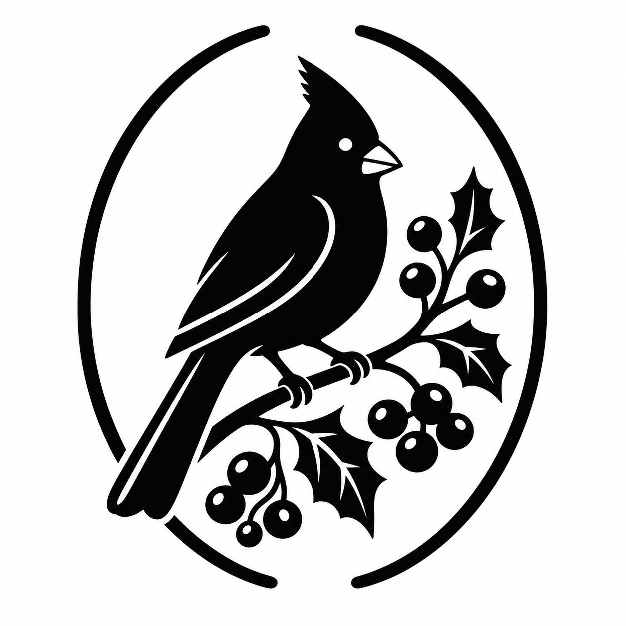 Black silhouette of a cardinal perched on a branch with holly leaves and berries, framed by an oval border on a white background.